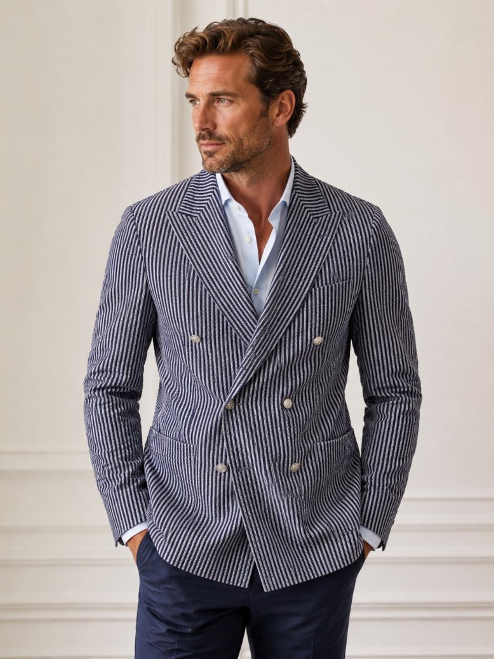 Tagliatore IT 50 Blue/Black/Grey Seersucker Double Breasted Blazer
